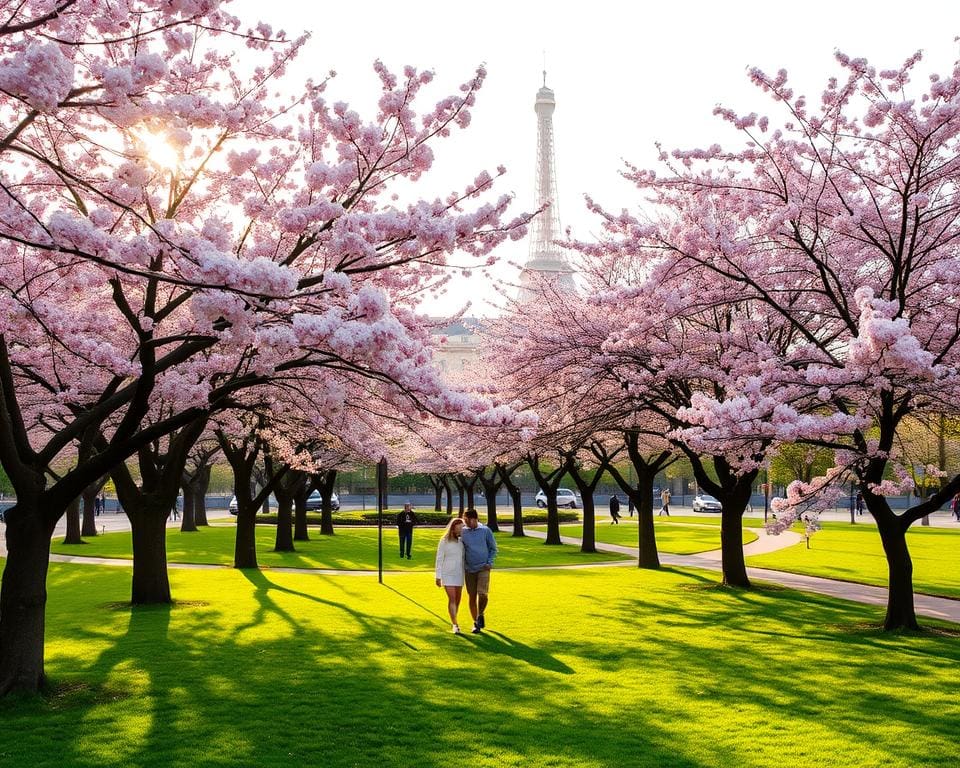 Frühling in Paris mit blühenden Kirschbäumen und Stadtparks