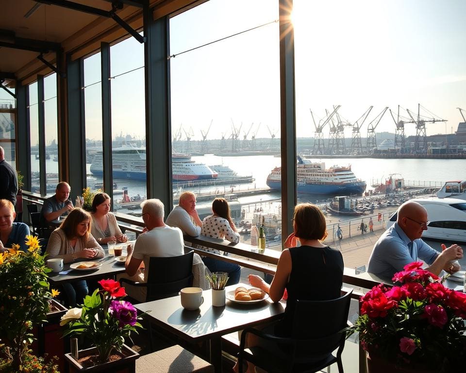 Hafenblick von einem Café in Hamburg