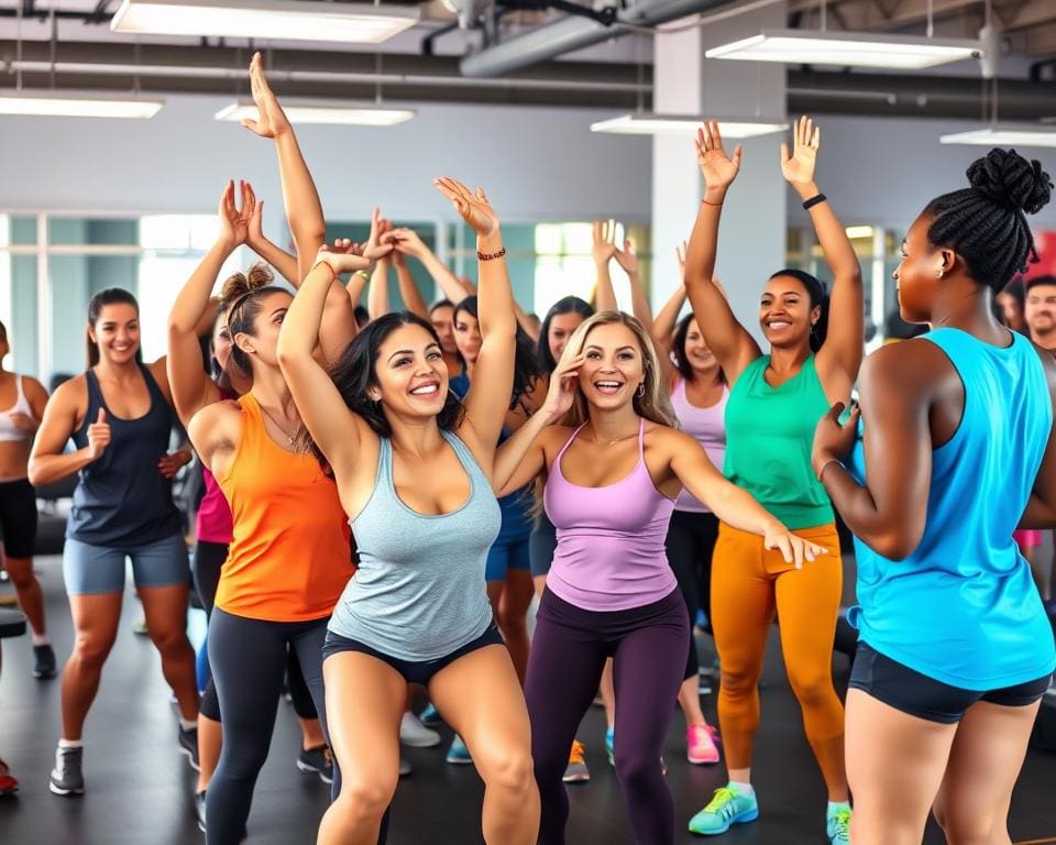 Gruppentraining im Fitnessstudio mit sozialer Unterstützung und Team feiern